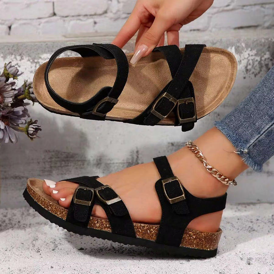 Women's Adjustable Buckle Sandals - Stylish Crisscross Laces With Cork Footbed For Summer