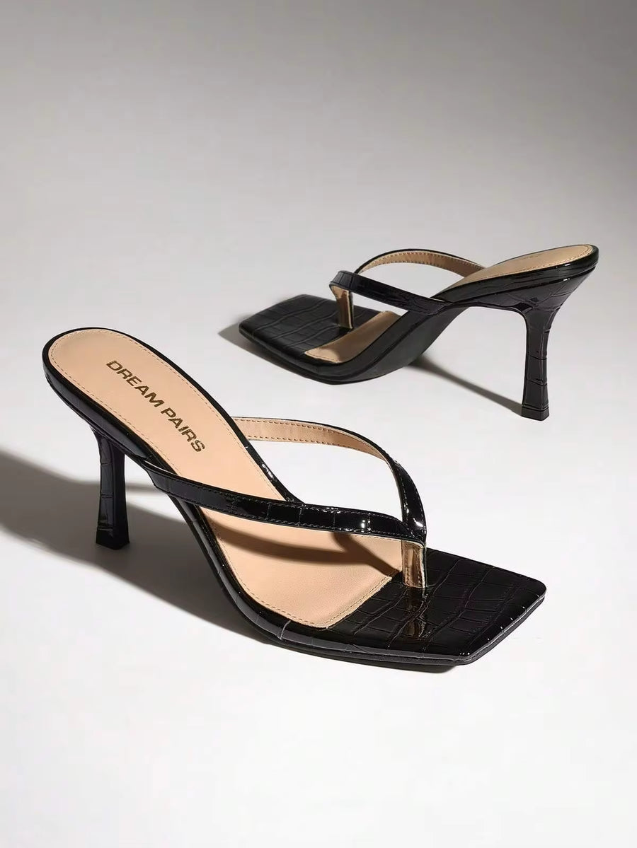 Women Backless Kitten Heel Sandals, Versatile Stilettos Thong Sandals Fashion Square Open Toe Slide Sandals For Formal Party Work & Daily Wear